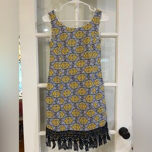 Jade Yellow and Black Geometric Mini Dress with Fringe Tassels Eclectic Style